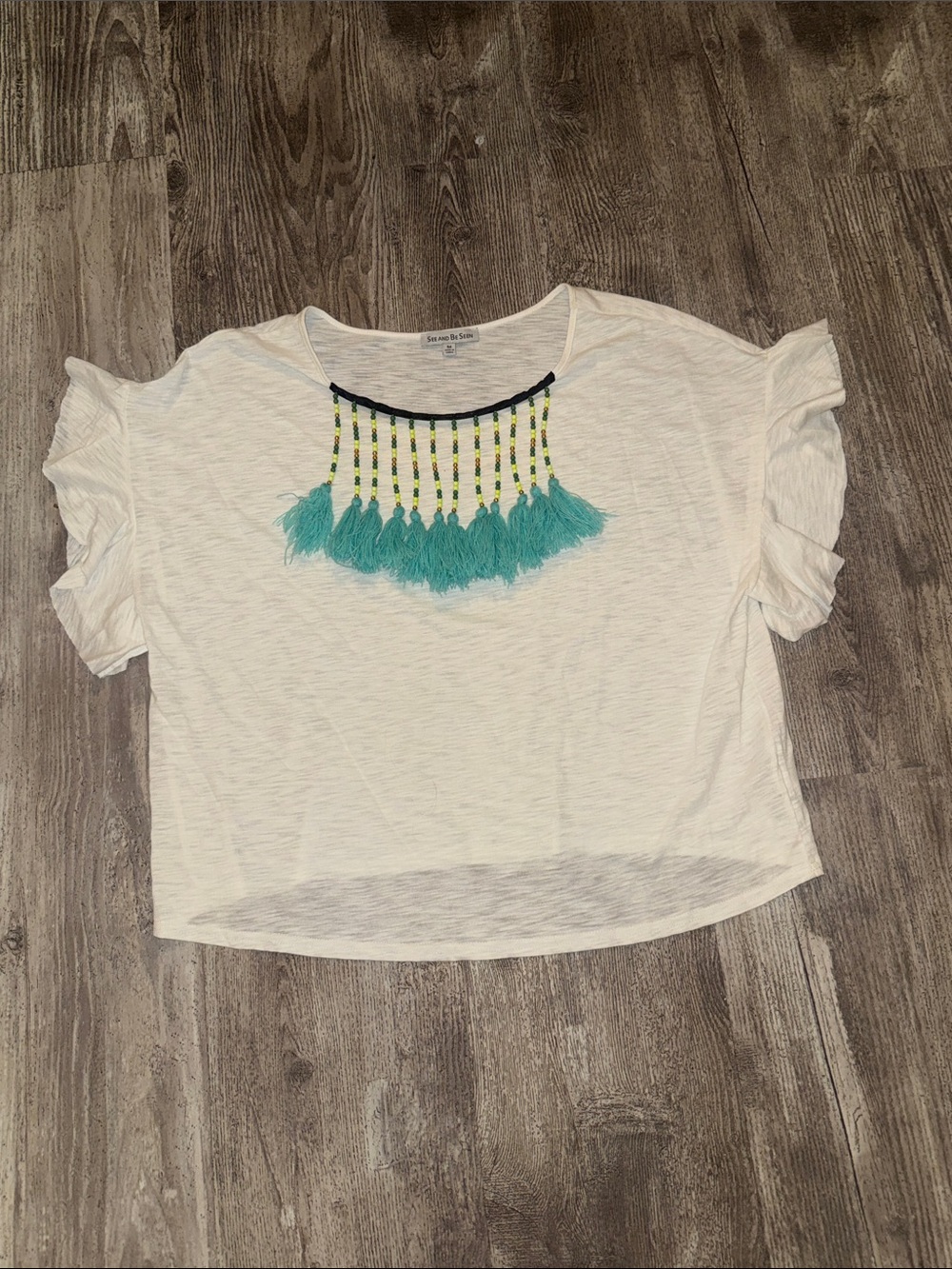 White Short-Sleeve Tassel Detail Ruffle Tee